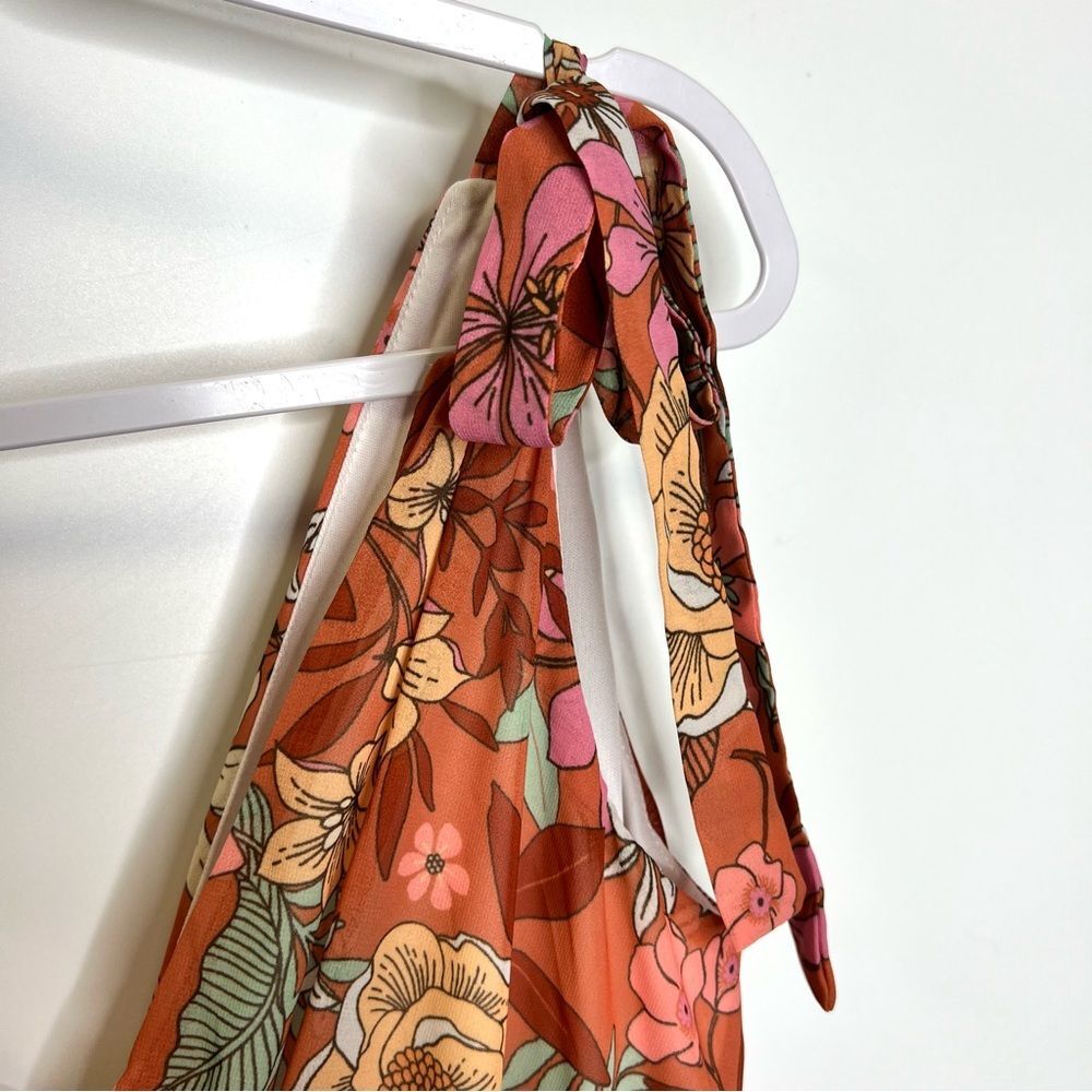 Altar’d State Floral Tiered Ruffle Tie Strap Dress Medium Orange - Picture 3 of 10